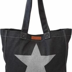 Kopen 🔔 Gloednieuw 😀 Fana Bags Canvas Shopper Ster Zwart - Lichtgewicht - Canvas - Shopper - Lange Handvatten - Boodschappen Tas 🎁 ❤️