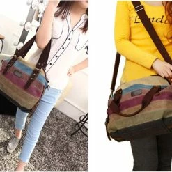 Kopen ✔️ Hete verkoop ⌛ Coofit Stijlvolle Kleurrijke Gestreepte Canvas Handtas Schoudertas Met Schouderriem ❤️ ✔️