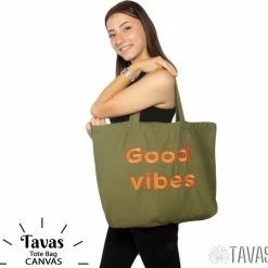 Nieuw ⌛ Aanbiedingen 🎉 Merkloos Tavas Katoenen Tasje Draagtas Groen 50x32 Cm Good Vibes Tote Bag Tas Shopper Boodschappentas Schoudertas 🧨 ⭐ -Tassen-dames Verkoop 550x534 8