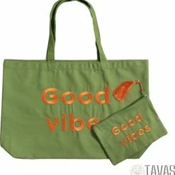 Nieuw ⌛ Aanbiedingen 🎉 Merkloos Tavas Katoenen Tasje Draagtas Groen 50x32 Cm Good Vibes Tote Bag Tas Shopper Boodschappentas Schoudertas 🧨 ⭐