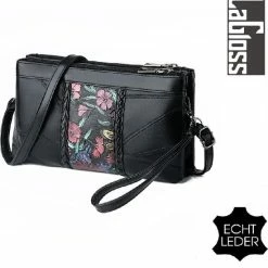 Beste Pirce 😀 Hete verkoop 🛒 LaGloss ECHT LEDER Damestas Bloemen Print 1 - Luxe Zacht Leren Crossbody Handtas - Zwarte Schoudertas - Clutch - 23 X 14 Cm 🌟 ⭐