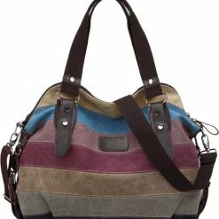 Kopen ✔️ Hete verkoop ⌛ Coofit Stijlvolle Kleurrijke Gestreepte Canvas Handtas Schoudertas Met Schouderriem ❤️ ✔️ -Tassen-dames Verkoop 550x598 4