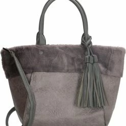 Beste Verkoop 😀 Promo 🔥 Dudlin Hand & Schoudertas Grijs Fake Fur Met Leuke Hanger Trendy Tas ✨ 🎉